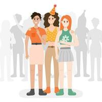 Three women at party stand in front of crowd, hugging, smiling, taking a picture. Happy people celebrating with party hats. Holiday celebration concept. Vector illustration having fun with friends.