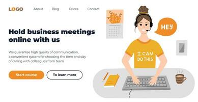 Web page design template for internet technology, digital marketing. Hipster vector illustration with call. Young lady in headphones saying hey. internet network concept. Online business call.