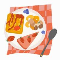 Cute breakfast flatlay with a plate and spoon on checkered towel. Backed waffle with jam and seasonal fruit, cheesecake with strawberry, different nuts. Top view breakfast concept. Hand drawn vector. vector