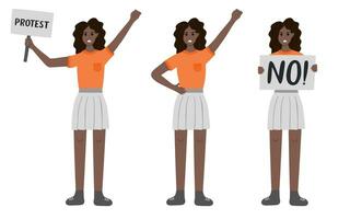 Women protests in different poses. Angry girl holding a banner, raising fist up. Concept of protest, democracy, rights. Civil resistance. Hand drawn vector cartoon illustration. Female community.