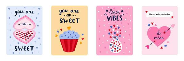 Set of cute postcard for Happy Valentine's day, birthday or other holiday. Posters with lettering and vector hand drawn illustration about love, romance, holiday, 14th February. Greeting card template