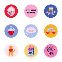 Cute and trendy highlights for different social media, bloggers and companies about St. Valentine's day with bright illustrations. Vector hand drawn clipart. Concept of love, romance, holiday.