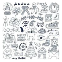 Big clipart and lettering set for Christmas, New Year. Hand drawn isolated vector. Fir tree, Santa Claus, cute bear, winter clothes, holiday sweet, lights, sleigh, gift, bag, gingerbread, snowy house vector