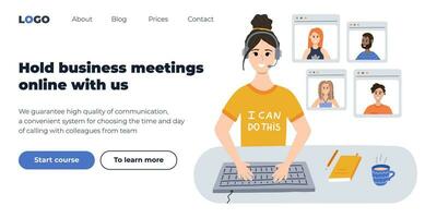 Web page design template for online meeting conference. Teamwork concept about distance work. Modern business design of online call between people during quarantine. Corporate business technology. vector
