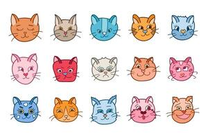 Vector set of cute cat faces close up with different emotions - happy, sad, angry, embarrassed, insidious, arrogant, playful, laughing, etc. Trendy colorful illustration with hand drawn outline.