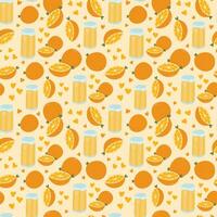 Cute and colorful vector seamless hand drawn pattern with glass of squeezed orange juice, whole and half of orange. Can be used for wrapping paper, bedclothes, notebook, packages, gift paper.