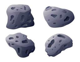 Set of vector isolated space asteroids. Cartoon stones meteorites with bumps and craters.