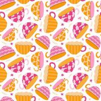 Cute and colorful seamless pattern with handmade ceramic mugs with trendy patterns. Can be used for wrapping paper, bedclothes, notebook, packages, gift paper. Hand drawn vector clipart