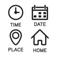 Time Clock Icon, Date Calendar, Place Pin Location Address, Home Button, Business Icon Set, Office Hour, Schedule, Reminder, Plan Design Elements, Event, User Interface Symbol Vector Illustration