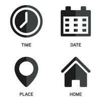 Time Clock Icon, Date Calendar, Place Pin Location Address, Home Button, Business Icon Set, Office Hour, Schedule, Reminder, Plan Design Elements, Event, User Interface Symbol Vector Illustration