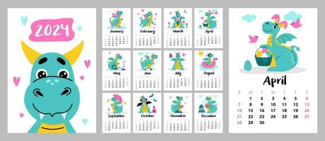 Cute calendar of 2024. Funny dragon smiles. The week starts on Sunday. Layout for printing A4,A5 vector