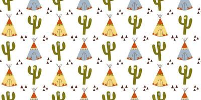 Seamless pattern with hand drawn cactus, wigwam, abstract triangles on white background in flat cartoon style. Wild west concept. For background, packaging, textile vector