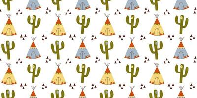 Seamless pattern with hand drawn cactus, wigwam, abstract triangles on white background in flat cartoon style. Wild west concept. For background, packaging, textile vector