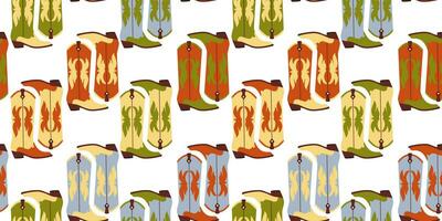 Seamless pattern with hand drawn colorful cowboy boots on white background in flat cartoon style. Wild west concept. For background, packaging, textile vector