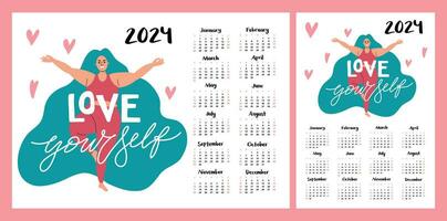 calendario diseño para 2024. un hermosa rechoncho niña para un cuerpo positivo. horizontal y vertical impresión modelo vector