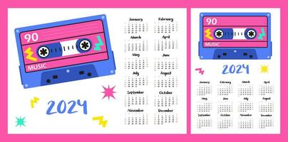 Calendar layout for 2024. The retro cassette is bright. Horizontal and vertical layout for printing. Monthly planner vector