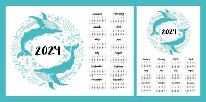 Calendar layout for 2024. Blue whales swim in the sea. Horizontal and vertical printing template vector