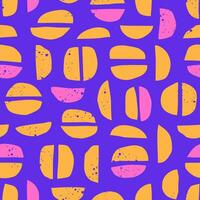 Abstract seamless pattern with bright shapes on a purple background. Ornament for fabric, packaging vector