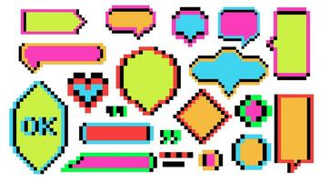 Geometric pixel retro texting dialogue boxes. Colored 90s game quote frame vector speech bubbles .