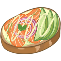 einstellen von köstlich öffnen Sandwich, gefüllt mit Gemüse, Fleisch, Speck. Vektor im Karikatur Stil png