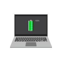 Laptop computer with full battery icon on screen, flat vector illustration EPS 10.