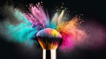 Brush with powder. Make up brush with colorful powder explosion on black background photo