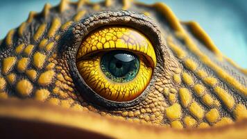 dinosaurio ojo, de cerca amarillo ojo de el dinosaurios con espantoso. dinosaurio cazadores son curioso con horrible amarillo ojo foto