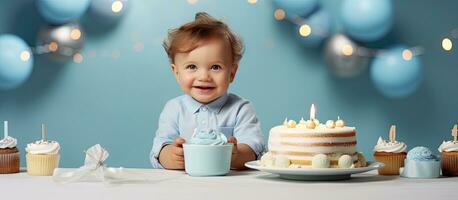 Happy 1 year old boy holding a birthday cake celebrating first birthday photo