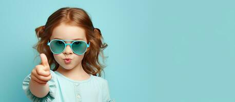 Funny preteen girl with serious expression promotes children s product on blue background photo