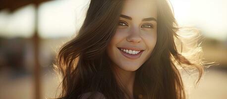 Beautiful woman smiling in sunlight with green eyes and long brown hair Empty area photo