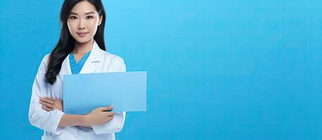 retrato de un joven asiático médico con un blanco tablero en un azul antecedentes un concepto de cuidado de la salud en un médico ajuste foto