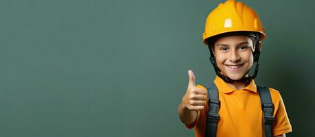 Smiling teen boy with helmet pointing fingers up Space for text photo