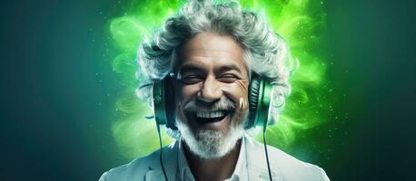 Man with headphones enjoying music and dancing DJ with joyful smile hipster teen lifestyle portrait with green background and neon lights open area for te photo