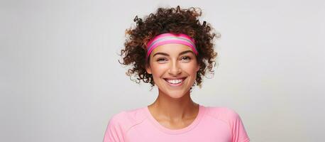 Sporting concept Joyful woman with pink headband curly hair and vibrant top poses on white background leaving room for text photo