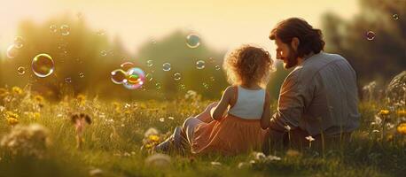 familia disfrutando picnic y soplo burbujas a puesta de sol en parque texto espacio bandera diseño foto