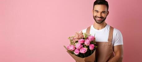 Courier holding flowers pink background copy space mock up photo