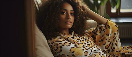 Happy African model wearing an animal print dress lying down while smiling and looking at the camera Indoor portrait with copy space photo