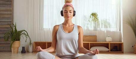 un caucásico milenario mujer practicando en línea guiado meditación a hogar con auriculares enfoque en yo amor y atención plena foto