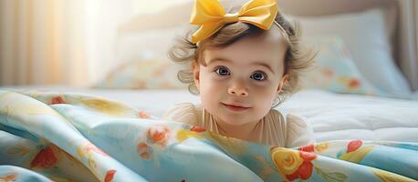 Baby girl wearing a summer dress with a large yellow bow on her head lying on a bed Background available for text photo