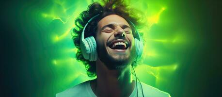 A happy DJ style man with closed eyes dancing and singing while wearing headphones on a green background with neon light photo