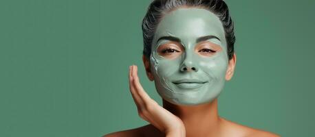 Middle aged woman with a green facial mask pointing to blank space on isolated background The powder color backdrop enhances beauty and skincare aesthetic photo