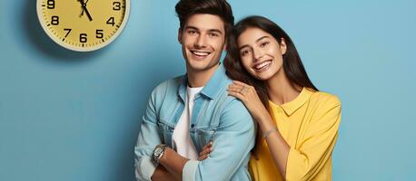 Young couple posing in casual clothes against a yellow studio background portraying sincere emotions photo