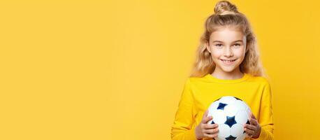Blonde Caucasian girl holding soccer ball on yellow background kids football concept photo