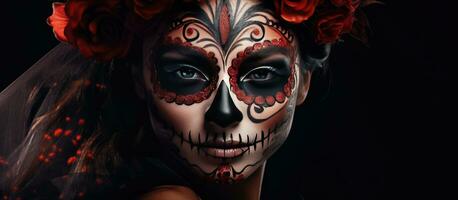 Dia de Los Muertos symbol Scary girl with Calavera Catrina make up on black background Halloween photo