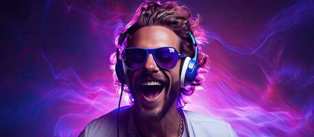 Man dancing and listening to music with headphones DJ s happiness and smile hipster lifestyle purple background with neon lights room for text photo