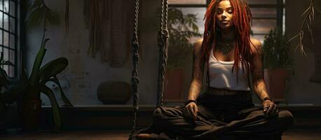 Smiling woman with colorful dreadlocks sitting on swing in well lit room with houseplant in foreground Empty area for text photo