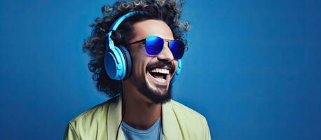 Hipster man wearing headphones dancing and singing with an open mouth smile in a portrait with a blue background and mixed neon light showcasing his fashi photo