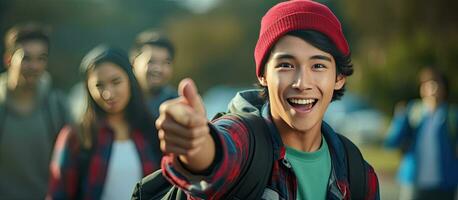 An enthusiastic Asian student in a beanie hat and red plaid shirt standing against a blue background points upwards with a smile with a backpack photo