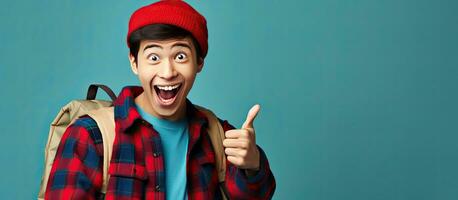 An enthusiastic Asian student in a beanie hat and red plaid shirt standing against a blue background points upwards with a smile with a backpack photo