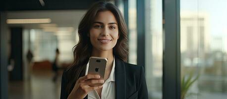 A caucasian female businesswoman happily makes a call in her office photo